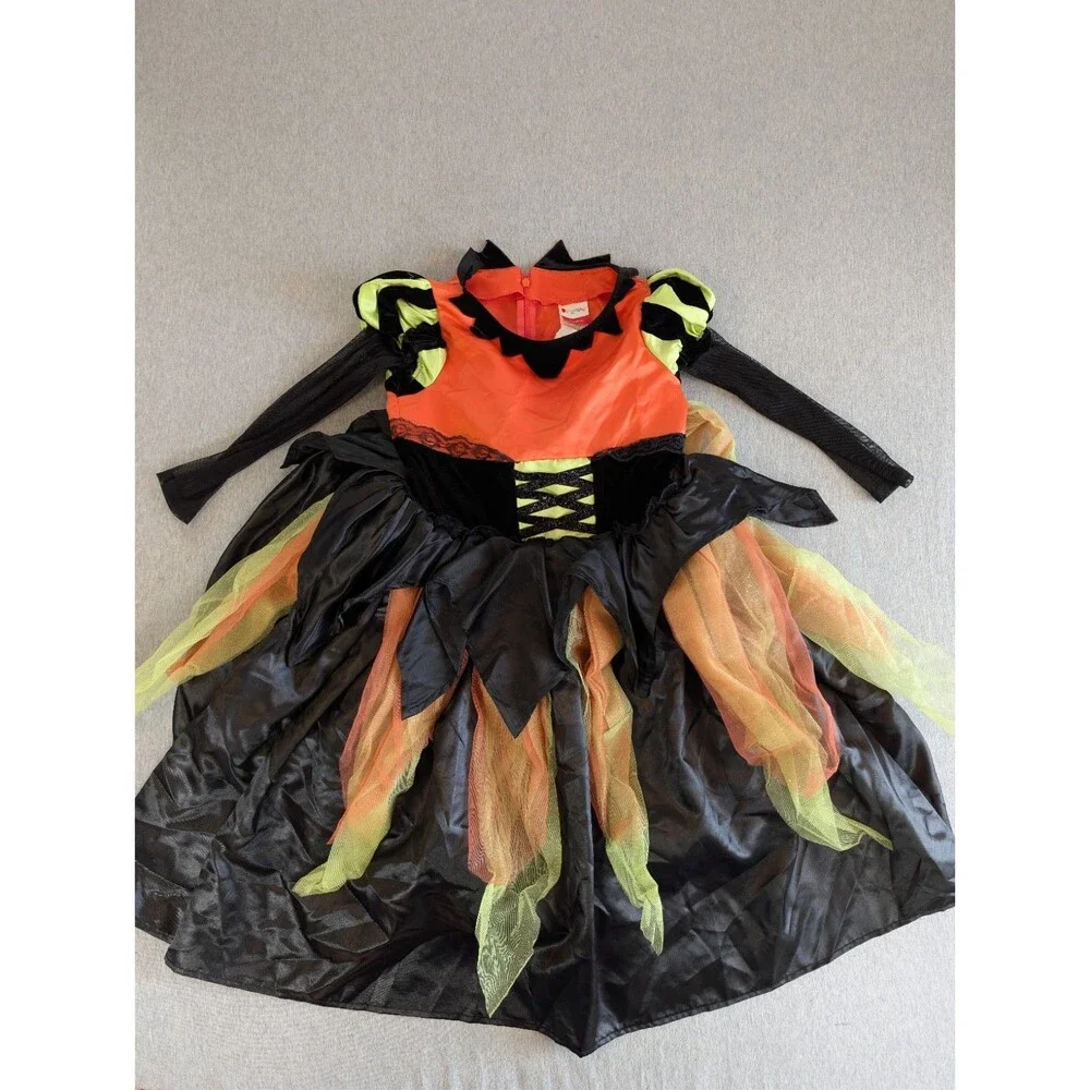 Disguise Girls Halloween Witch Costume Dress Long Sleeve Black Orange Green 4-6X
